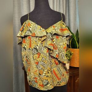 Lucky Brand Geometric Ruffle Cold Shoulder Top Size Large